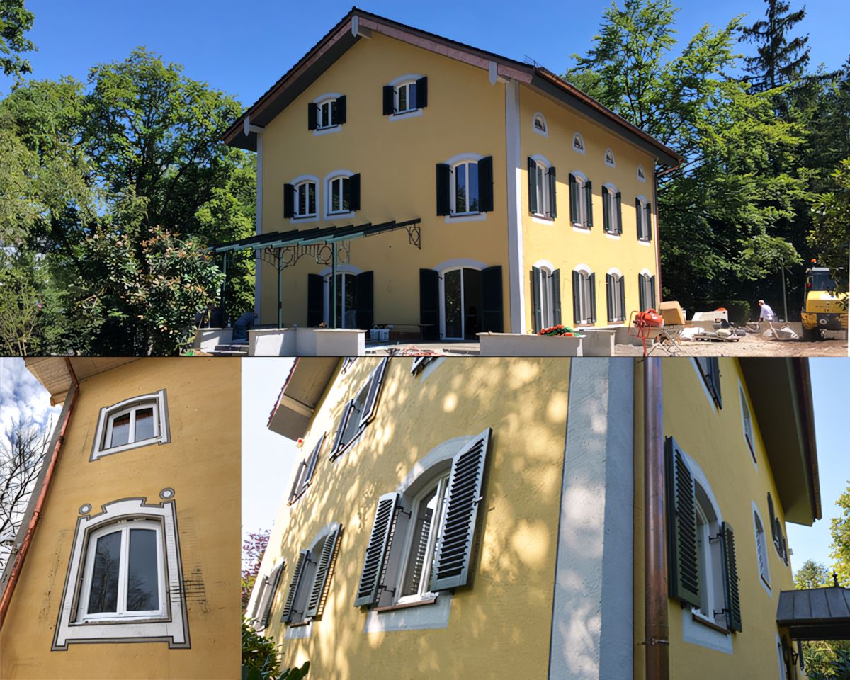 Fassadenanstrich mit Silikatanstrich Fassadenanstrich mit Silikatdarbe, vorher-nachher